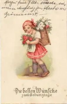 Geburtstagskarte Kinder mit Tragekorb Rucksatz Rosen o 5.8.1928