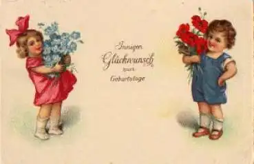Kinder mit Vergissmeinnicht, Mohnblumen, Geburtstagskarte o 26.6.1933