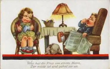 Ehehumor Hund Mann gähnt * ca. 1950