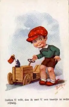 Junge mit Tretauto Künstlerkarte Bob King gebr. 1938