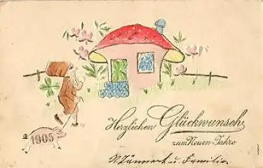 Zwerge Schwein Pilz Neujahrskarte Prägekarte, o 31.12.1904