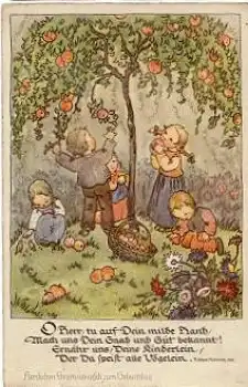 Kinder unter Apfelbaum Künstlerkarte RBS gebr. ca. 1920