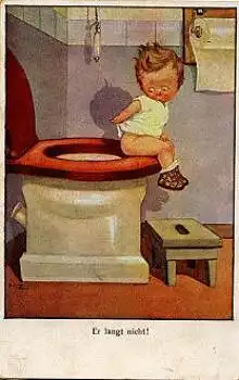 Kinder auf Toilette "Er langt nicht" Notdurft Künstlerkarte * ca. 1930