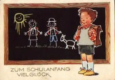 Junge vor Schultafel stehend, Schulanfang, o 2.9.1969