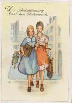 Schulentlassung, Mädchen, Künstlerkarte AR, * ca. 1950