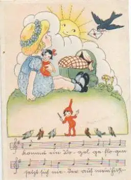 Zwerge Kind Puppe Liedkarte Künstlerkarte Carola Dumbar *ca.1950