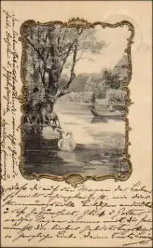Landschaft mit Schwan, Goldprägekarte Künstlerkarte o 1901