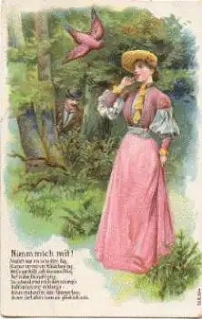 Dame mit Vogel "Nimm mich mit" Prägekarte  * ca. 1905