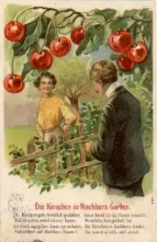 Kirschen in Nachbars Garten Prägekarte o 1906