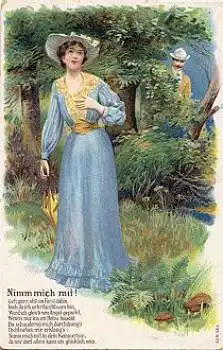 Frau und Mann "Nimm mich mit" Prägekarte * ca. 1910