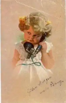 Telefon Mädchen mit Hörer gebr. ca. 1910