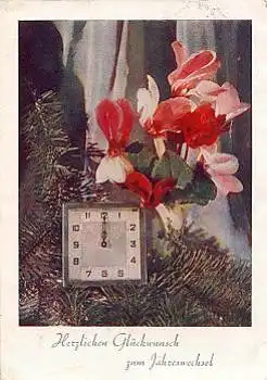 Uhren Orchideen Neujahrskarte, o ca. 1950