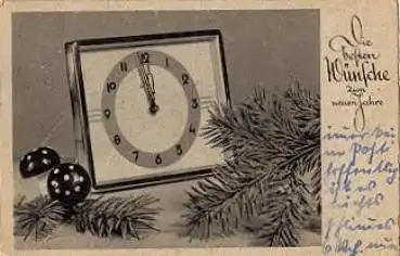 Tischuhr mit Pilzen Neujahrskarte, gebr. ca. 1940