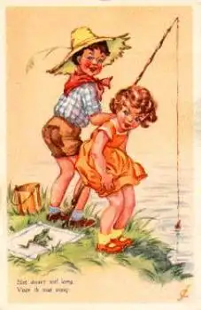 Angeln Kinder, Frosch, Children, Frog, Künstlerkarte, * ca. 1950