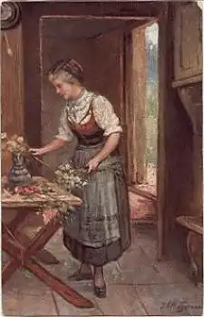 Naturkinder Künstlerkarte Heyermann, Frau sortiert Blumen, gebr. 16.10.17