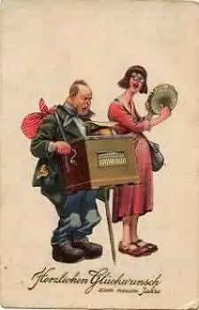 Mann mit Drehorgel Frau mit Tamborin gebr. ca. 1930