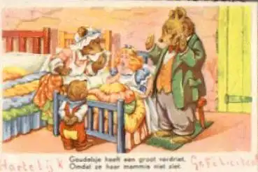 Teddybären überraschen Kind im Bett gebr. ca. 1950