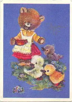 Teddybär mit Enten Ducks Künstlerkarte *a. 1970