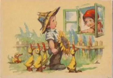 Junge und Mädchen Sonnenblume Enten Künstlerkarte SA *ca.1940