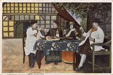 Schaumburg-Lippe Landestracht Männer u. Frauen beim Frühstück o 1935