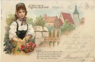 Trachten Mädchen mit Rosenkorb Künstlerkarte o 2.8.1899