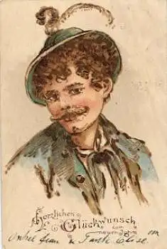 Trachten Mann mit Federhut Neujahrskarte 30.12.1900