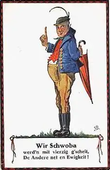Schwaben Tracht Humor msnn mit Schirm Künstlerkarte HB * ca. 1920