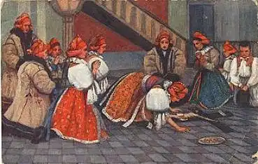 Trachten Gruppe beim Beten Jesuskreuz Künstlerkarte o 14.4.1913