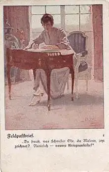 Frau an Schreibtisch beim Schreiben Feldpostbrief Künstlerkarte B. W. Wennerberg * ca. 1915