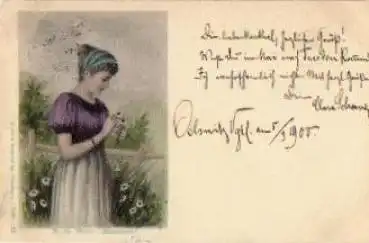 Frau mit Margerite, Künstlerkarte R. de Witt, Masslieb o 6.3.1900