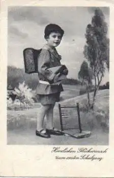 Einschulung Mädchen mit Rechenschieber Glückwunschkarte * ca. 1920