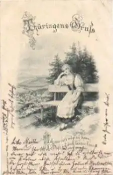 Frau auf Bank sitzend Thüringens Gruß o 13.8.1899