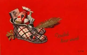 Krampus Teufel Schuhe mit Rute und Geschenken o ca. 1950