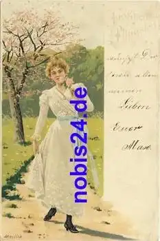 Mädchen im weissen Kleid Künstlerkarte Mailick o 1900
