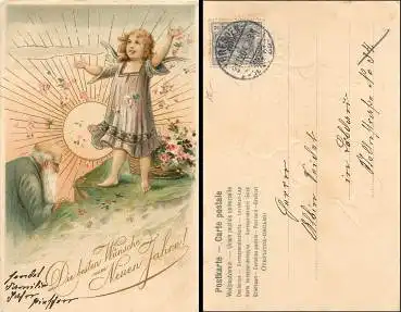 Neujahr Goldschnittprägelitho Kind mit Blumen o 31.12.1904