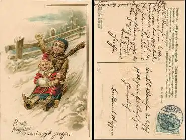 Neujahr rodelnde Kinder Goldschnittprägelitho o 28.12.1908