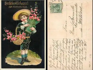 Namenstag Kind mit Blumen Goldschnittlitho o Okt.1910