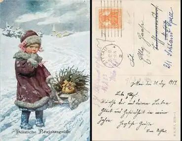 K. Feitertag Neujahr Kind mit Schlitten  o 31.12.1917