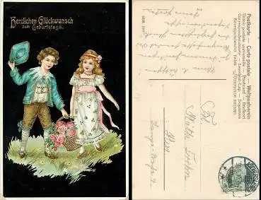 Geburtstag Kinder mit Blumen goldschnittlitho o 30.05.1910