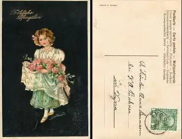 Pfingsten Mädchen mit Blumen Goldschnittlitho o 24.5.1909