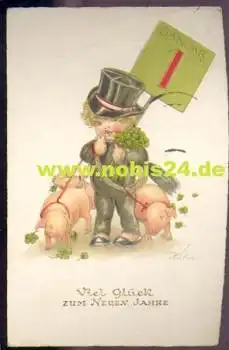 Schornsteinfeger mit Schweinen Künstlerkarte Hülsse, o 31.12.1937