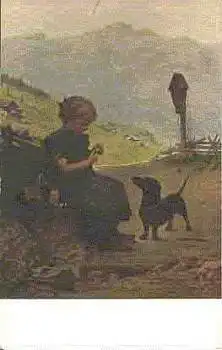 Mädchen mit Dackel Künstlerkarte Th. Kleehaas  *ca.1920
