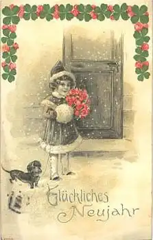 Kind mit Muff und Dackel Prägekarte o 31.12.1909