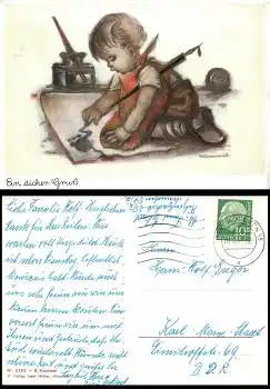 Ein dicker Gruss Berta Hummel-Karte Nr. 5202 Malerin o 18.7.1957