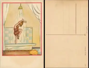 Kind beim Duschen Künstlerkarte E. Maison Kurt *ca.1920