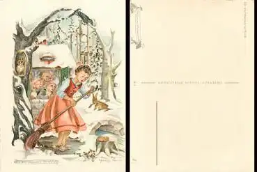 Eule im Baum mit Zwergen Märchen "die 3 Männlein im Walde" *ca. 1940