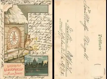 Eule auf Kirchturm Neujahrskarte Litho o um 1900
