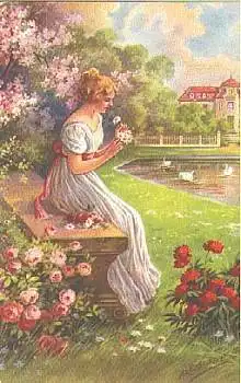 Studernt A & E Künstlerkarte "Frau auf Bank" * ca. 1920