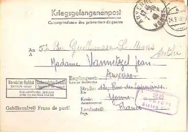 Kriegsgefangenenpost nach Frankreich Zensurstempel 28 Stalag IVF o 24.9.1943