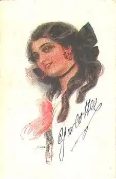 Frauenkopf mit Kirschen Künstlerkarte USABA gebr. 1918